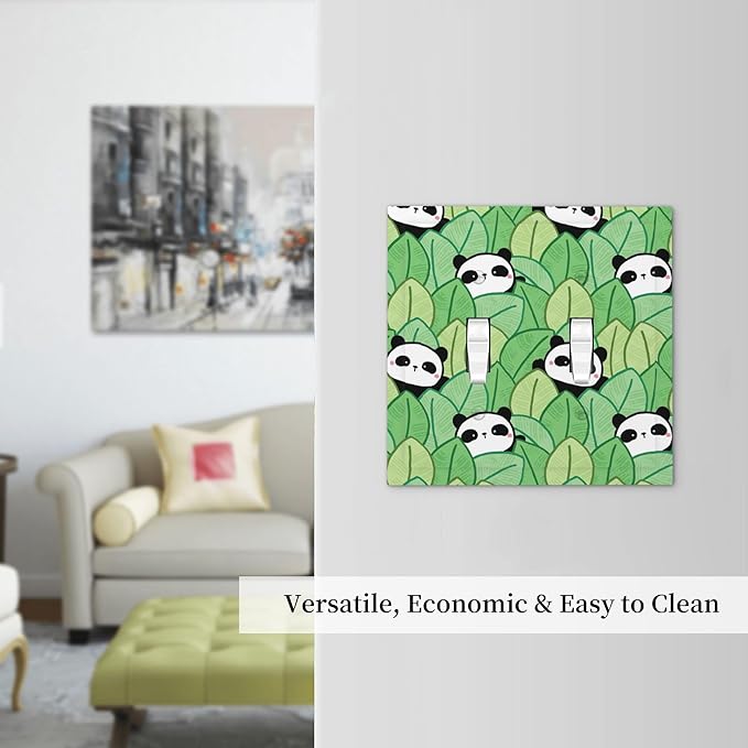 Cartoon Panda and Leaf Double Toggle Light Switch Covers 2 Gang Wall Plate Dual Decorative Switchplate Electrical Faceplate for Bathroom Country Kitchen Bedroom Decor, 4.9" x 5"