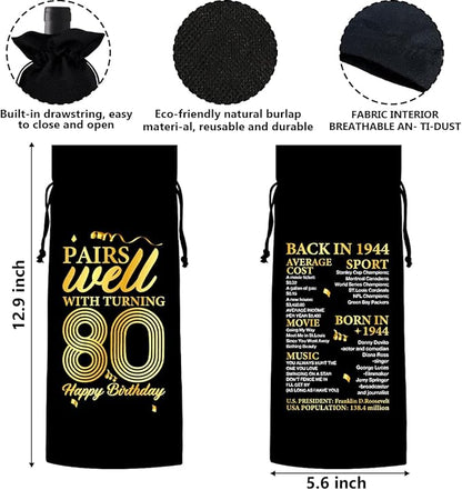 80th Birthday Gifts Wine Bag Congratulations Gifts for Women Men Parents Mom Dad Anniversary Favors 1944 Birthday Wine Gift Bag