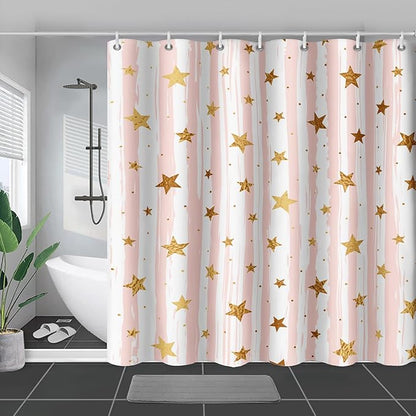 AILONEN Stars Shower Curtain, Pink Striped and Gold Stars Waterproof Shower Curtain,Simple Vintage Style Shower Curtain Liner for Girls Women Adults,36" W*72" H