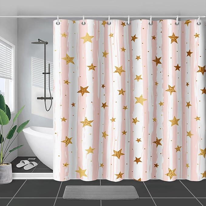 AILONEN Stars Shower Curtain, Pink Striped and Gold Stars Waterproof Shower Curtain,Simple Vintage Style Shower Curtain Liner for Girls Women Adults,60" W*72" H