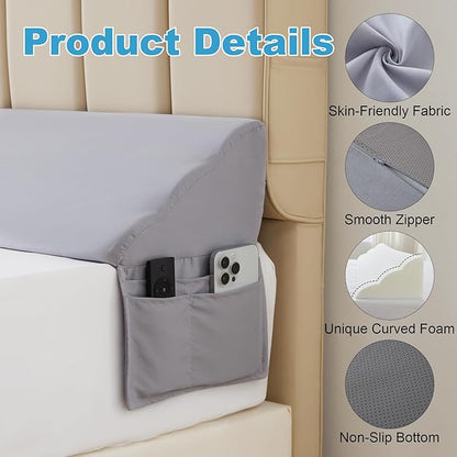 King Bed Wedge Pillow for Headboard, Foam Pillow Wedge for Headboard Gap, Mattress Bed Gap Filler King, Triangle Pillow Wedge, Anti-slip Bed Crack Pillow Space Filler King (76"×10"×6") Grey