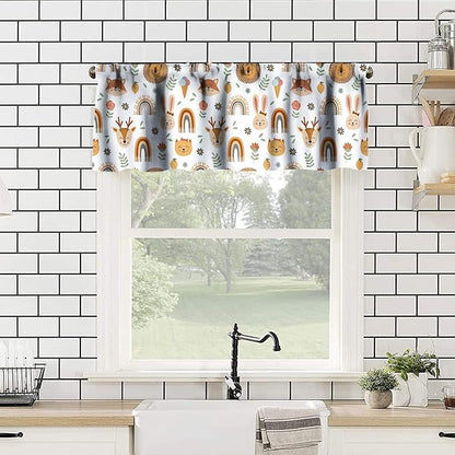 Cartoon Valance Curtains, Watercolor Forest Animal Print Kitchen Curtains for Livng Room Bedroom Bathroom Cafe Decoration, Woodland Bear Print Kitchen Valance with Rod Pocket 54x18 Inch, 1 Panel