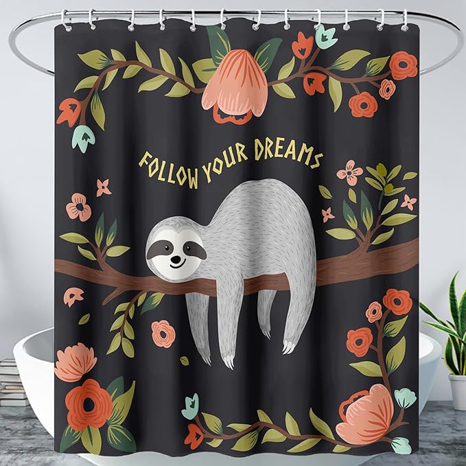 AILONEN Kawaii Sloth Shower Curtain for Bathroom Decor,Floral Sloth Bath Curtain for Kids Boys Girls,Polyester Waterproof 48" W*72" H with 12 Plastic Hooks