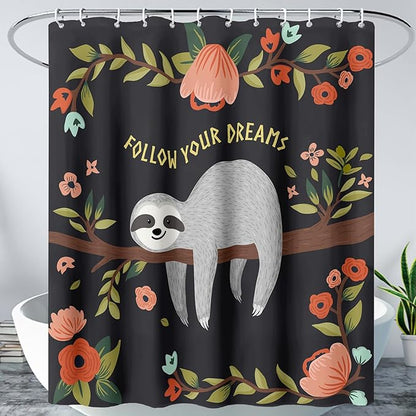 AILONEN Kawaii Sloth Shower Curtain for Bathroom Decor,Floral Sloth Bath Curtain for Kids Boys Girls,Polyester Waterproof 60" W*72" H with 12 Plastic Hooks