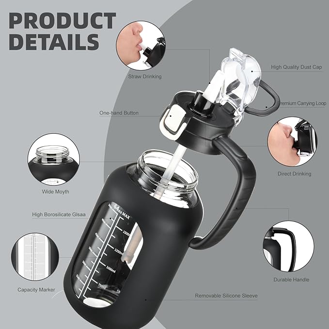 64 oz Glass Water Bolttles Half Gallon Large Motivational Water Bottle with Time Marker Sports Water Bottles with Silicone Sleeve and Handle Lid Water Jug for Gym Workout-1 Pack