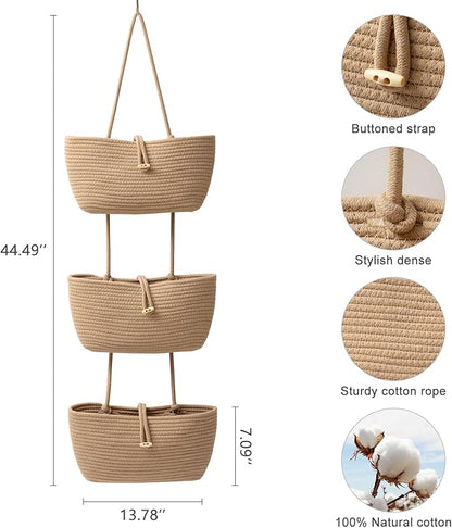 TeoKJ 3-Tier Cotton Rope Baskets with Button Strap Over the Door Wall Hanging Baskets for Nursery, Living Room, Bathroom, Door Storage Organizer for Decoration-Jute