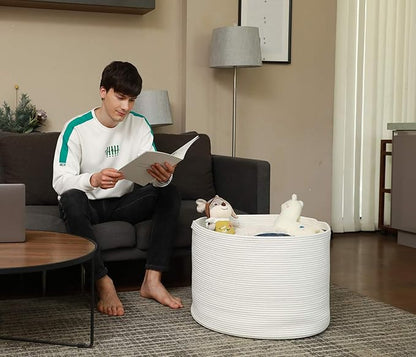 24" x 24" x 17" Max Size Large Cotton Rope Basket, Extra Large Storage Basket, Woven Laundry Hamper, Cloth Storage Bin, for Blankets Clothes Towels Pillows in Living Room, All White