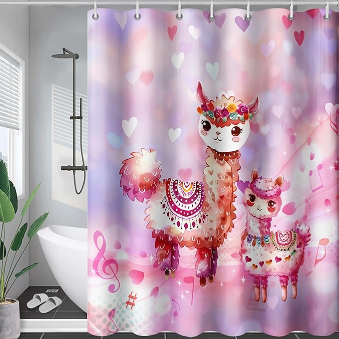 AILONEN Kawaii Llama Shower Curtain for Kids Girls,Watercolor Llama Alpaca Theme Bath Curtain,Boho Llama Hearts Print Pink Shower Curtain Waterproof for Bathroom with 12 Plastic Hooks, 36" W*72" H