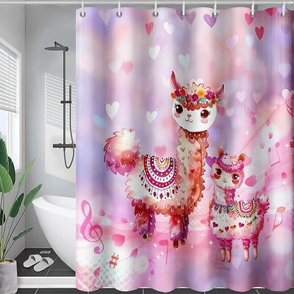 AILONEN Kawaii Llama Shower Curtain for Kids Girls,Watercolor Llama Alpaca Theme Bath Curtain,Boho Llama Hearts Print Pink Shower Curtain Waterproof for Bathroom with 12 Plastic Hooks, 72" W*72" H