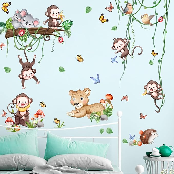 Safari Monkey Climbing Tree Wall Stickers Jungle Animals Vine Leaves Wall Stickers Vinyl Sloth Leopard Butterfly Plants Mural Art Decor for Kids Baby Nursery Bedroom Living Room Sofa TV Wall