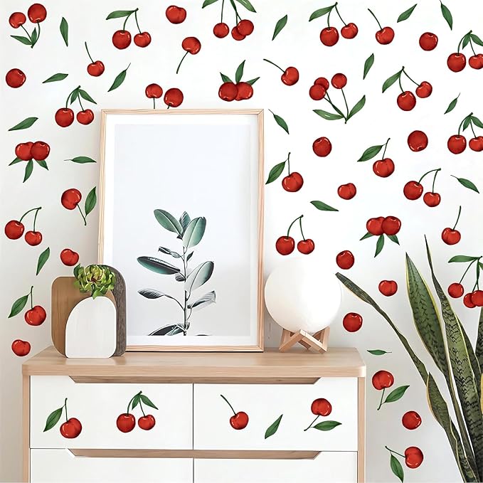 Red Cherry Wall Decals Cherries Fruit Wall Stickers Peel and Stick Kitchen Wall Stickers Removable Boho Green Leaves Wall Decals Watercolor Fruit Leaf Stickers for Nursery Bedroom Decor