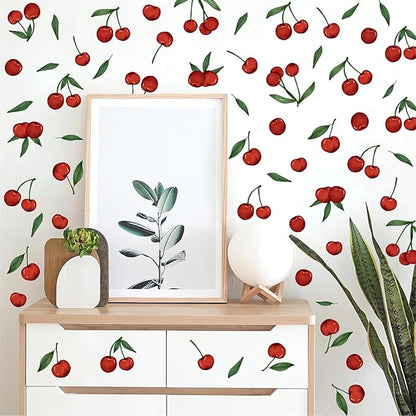 Red Cherry Wall Decals Cherries Fruit Wall Stickers Peel and Stick Kitchen Wall Stickers Removable Boho Green Leaves Wall Decals Watercolor Fruit Leaf Stickers for Nursery Bedroom Decor