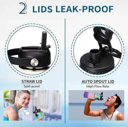 Stainless steel Water Bottle 40OZ - with Straw & Spout Lids, Paracord Handle, Shoulder Carrier Bag, Vacuum Insulated Water Jug, Leak Proof Metal Waterbottle for Sports Gym Yoga Workout Travel Hiking