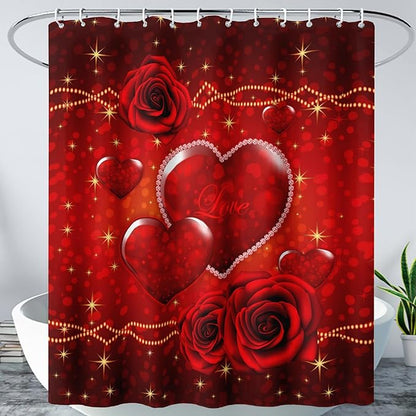 AILONEN Red Hearts Rose Shower Curtain for Bathroom Decor, Romantic Flower Bathroom Curtain 72" W*84" H,Valentine Bath Curtain Polyester Waterproof Shower Curtain with 12 Hooks