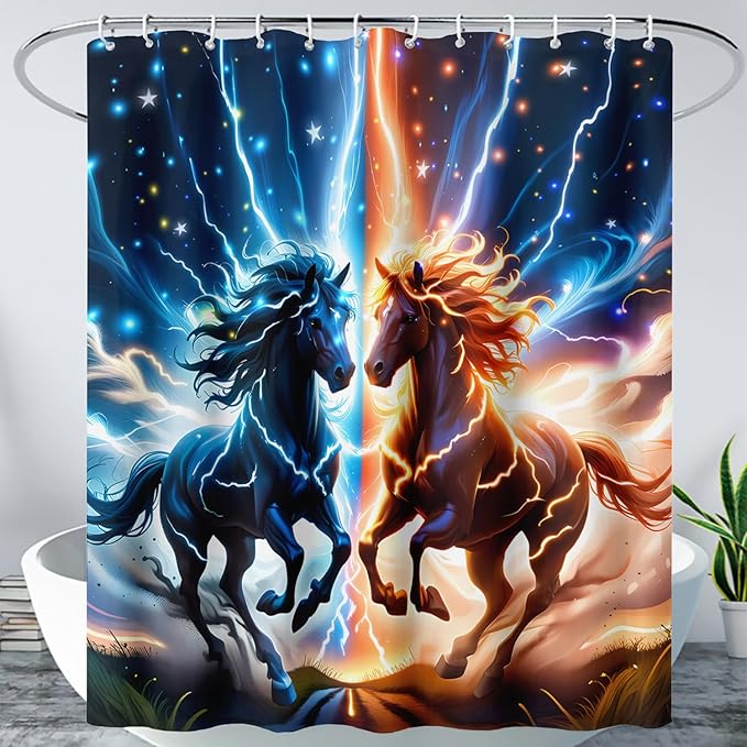 AILONEN 3D Horse Shower Curtain,Bohemian Lightning Galloping Horses Waterproof Fabric Shower Curtains for Bathroom,Animals Theme Bath Curtain Set with Hooks, 72" W*84" H