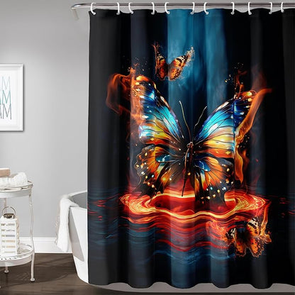 AILONEN 3D Butterfly Shower Curtain,Fire and Ocean Butterfly Bath Curtain 48" W*72" H,Modern Abstract Art Butterfly Print Waterproof Bathroom Curtain with 12 Plastic Hooks for Girls Women