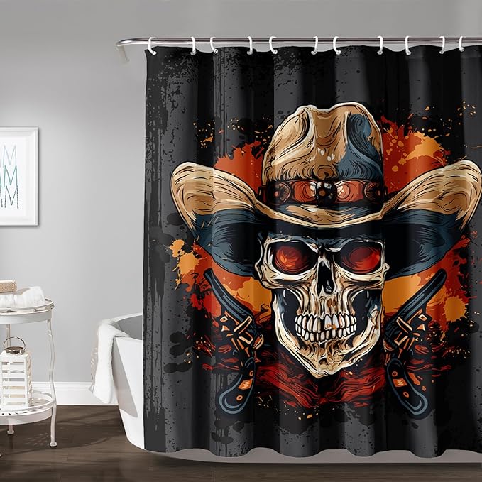 AILONEN Gothic Skull Shower Curtain for Bathroom,Graffiti Fire Gun Skull Black Art Bathroom Curtain for Kids Girls Teen,Bath Curtain 60" W*72" H Polyester Waterproof Bathroom Curtain with 12 Hooks
