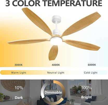 60" Ceiling Fan with Light and Remote,Reversible DC Motor,6Speed,Modern Natural Wood Ceiling Fan with Dimmable LED for Outdoor Patios Bedroom Living Room,Original Walnut and White