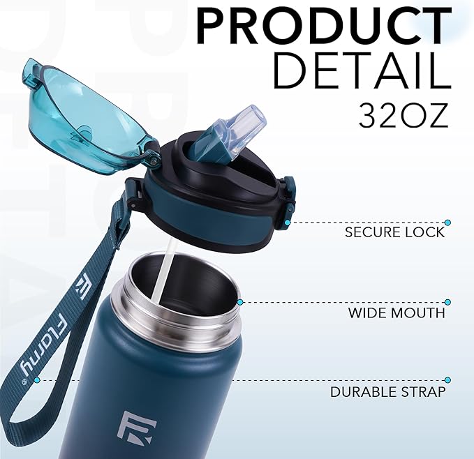 32 oz Insulated Water Bottle with Straw, Stainless Steel Metal Thermos Bottles, Durable Non-Slip Gradient Bottle with Strap for Sports and Travel, Leak Proof (Navy Blue Black)