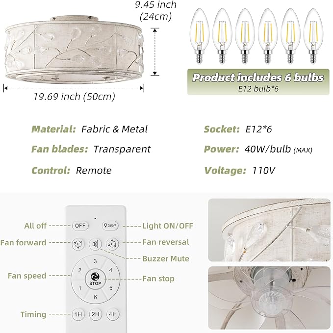 20 Inch White Crystal Ceiling Fan with Light, Caged Crystal Ceiling Fan with Light Remote Control, Flush Mount with 6 Speeds for Bedroom, Nursery, Living Room (6 E12 Bulb Includ) (White)