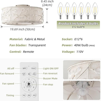 20 Inch White Crystal Ceiling Fan with Light, Caged Crystal Ceiling Fan with Light Remote Control, Flush Mount with 6 Speeds for Bedroom, Nursery, Living Room (6 E12 Bulb Includ) (White)