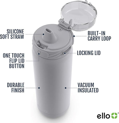 Ello Cooper 22oz Stainless Steel Water Bottle with Straw and Carry Handle, Double Walled and Vacuum Insulated Metal, Leak Proof Locking Lid with Soft Silicone Spout, Reusable, BPA Free, Grey