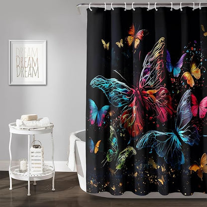 AILONEN Colorful Butterfly Shower Curtain, Tie Dye Butterfly Bath Curtain,Modern Fashion Minimalist Decorative Shower Curtain with 12 Plastic Hooks (Kids/Girls/Women/Teen/) Black 48" W*72" H