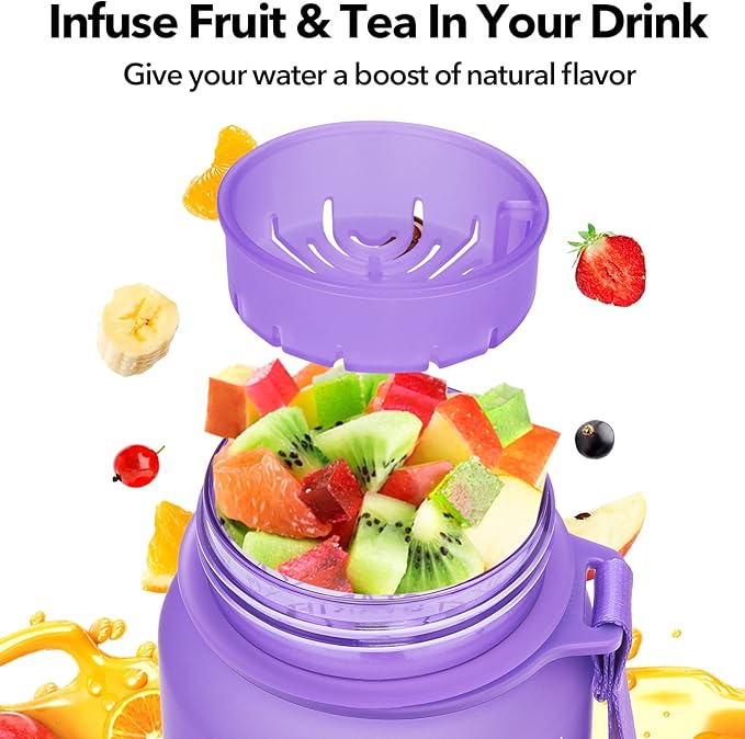 32oz Motivational Water Bottle with Time Marker & Fruit Strainer, Leak-proof BPA Free Non-Toxic Bottle with Carrying Strap, Perfect for Fitness, Gym and Outdoor Sports