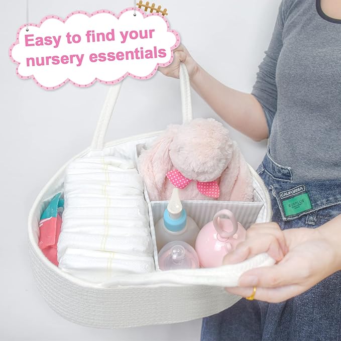 ABenkle Baby Diaper Caddy, Nursery Storage Bin and Car Organizer for Diapers Wipes, Cotton Rope Basket Changing Table Caddy