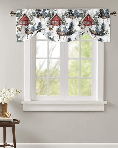 Christmas Blackout Tie Up Valance Curtains for Kitchen Windows Red Farmhouse Barn Window Toppers Balloon Shades for Living Room/Bathroom/Bedroom,1 Panel,60" X 18" Elk