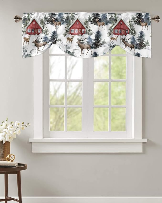 Christmas Blackout Tie Up Valance Curtains for Kitchen Windows Red Farmhouse Barn Window Toppers Balloon Shades for Living Room/Bathroom/Bedroom,1 Panel,42" X 12" Elk
