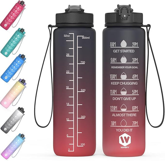 32 oz Water Bottle with Time Marker Leak-Proof & BPA Free Reusable Gym Water Bottle Easy to Carry Motivational Water Bottle for Fitness, Sports, Outdoor, Cycling, School & Office (Black & Red)