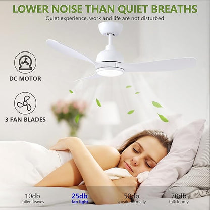 42-Inch White Ceiling Fan with Light - Remote Control, 3 Color Changing, Dimmable, Reverse Rotation - Quiet, 6 Speeds - Ideal for Living Room, Bedroom, Balcony