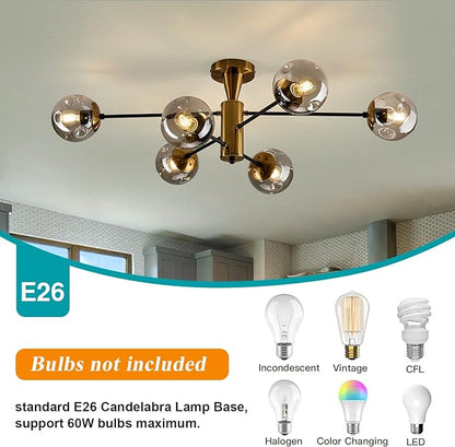 Modern Semi Flush Mount Ceiling Light Fixture 6-Light Sputnik Gold Chandelier with Glass Globe Mid Century Ceiling Lighting for Dinning Room Farmhouse Kitchen Bedroom Living Room.