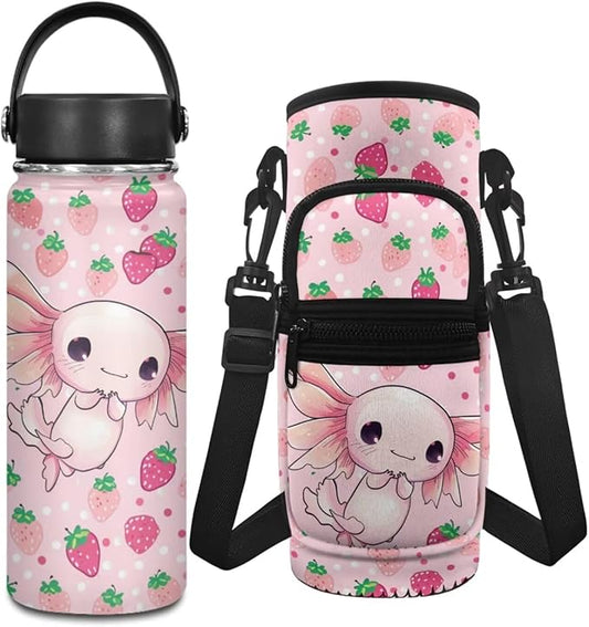 Axolotl Insulated Water Bottle 18 OZ Stainless Steel Water Bottle Strawberry 2 Pcs Water Bottle Holder Carrier Sling Water Bottle Pouch Sleeve
