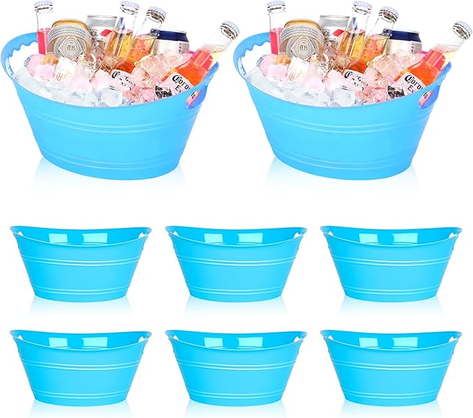 8Pcs Ice Bucket, Plastic Ice Buckets for Parties, Drink Buckets with Handles Beverage Buckets Oval Storage Plastic Tub for Wine Beer Champagne Bottles, 4.3Liter (Blue)