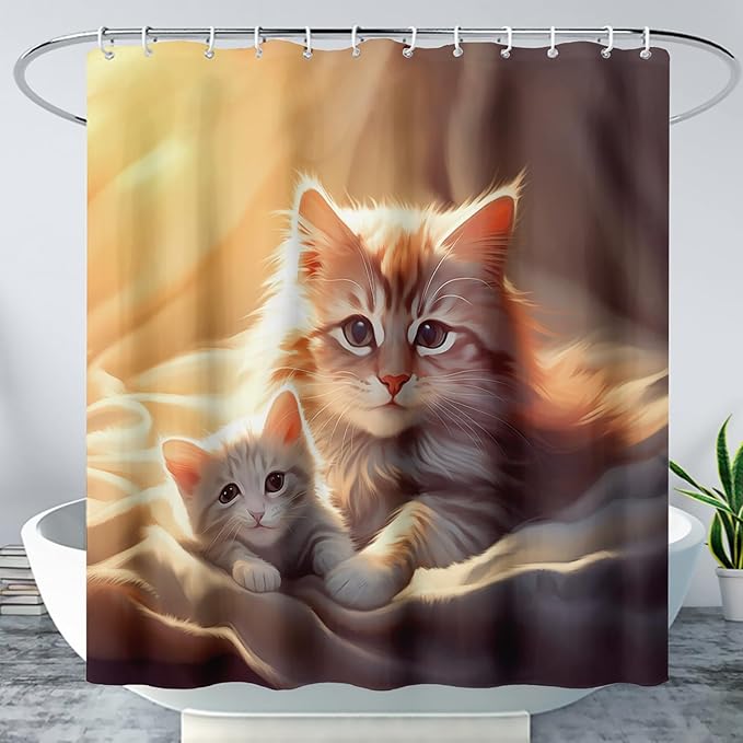 AILONEN 3D Kawaii Cat Shower Curtain, Beautiful Kittens with Flower Shower Curtain for Kids Girl Boys Bathroom Decor,Cute Pet Animal Cat Lover Waterproof Shower Curtains Sets with Hooks,60" W*72" H