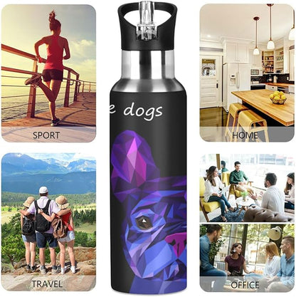 ALAZA Dog Cute Pet Animal Bulldog Water Bottle With Straw Lids Boys Girls,Vacuum Insulated Leakproof Stainless-Steel Sports Bottle Thermal Flask For Gym Yoga Camping,34Oz (1000Ml)