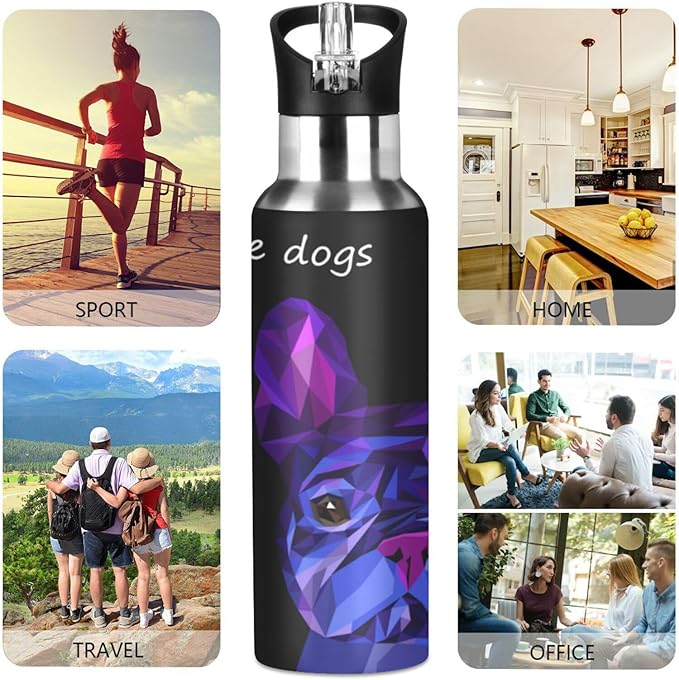ALAZA Dog Cute Pet Animal Bulldog Water Bottle With Straw Lids Boys Girls,Vacuum Insulated Leakproof Stainless-Steel Sports Bottle Thermal Flask For Gym Yoga Camping,20Oz (600Ml)