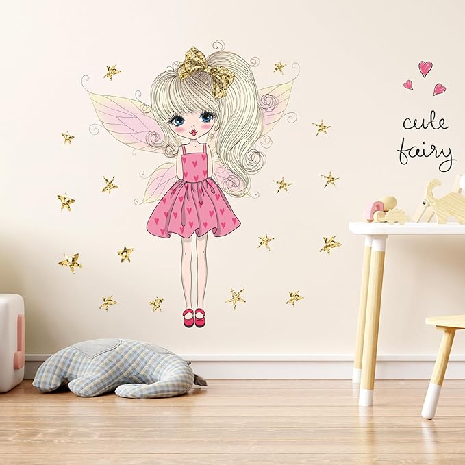 Pink Cute Butterfly Girl Wall decals for Girls Bedroom Princess Gold Stars Kids Room Decor Removable Fairy Stickers Vinyl Wall Murals Peel and Stick for Playroom Classroom Living Room Nursery