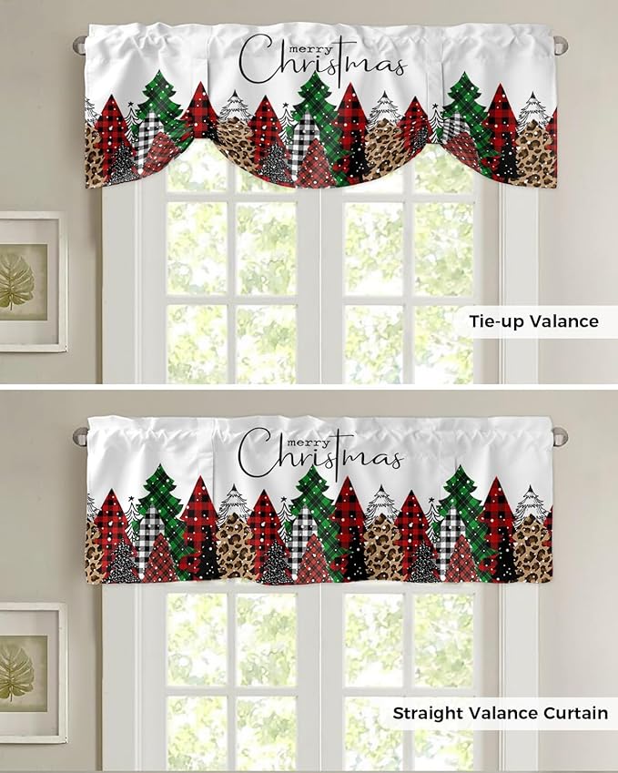 Merry Christmas Blackout Tie Up Valance Curtains for Kitchen Windows Buffalo Plaid Xmas Tree Winter Forest Farmhouse Window Toppers Balloon Shades for Living Room/Bath/Bedroom, 60" X 18", Red Green