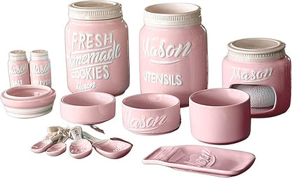 Mason Jar Kitchen Accessories Set - Ceramic Jar with Lid, Measuring Cups & Spoons, Utensil Holder for Stove, and Sponge Holder Ceramic - Vintage Utensil Rest & Condiment Shakers (Pink, 17-Pieces)