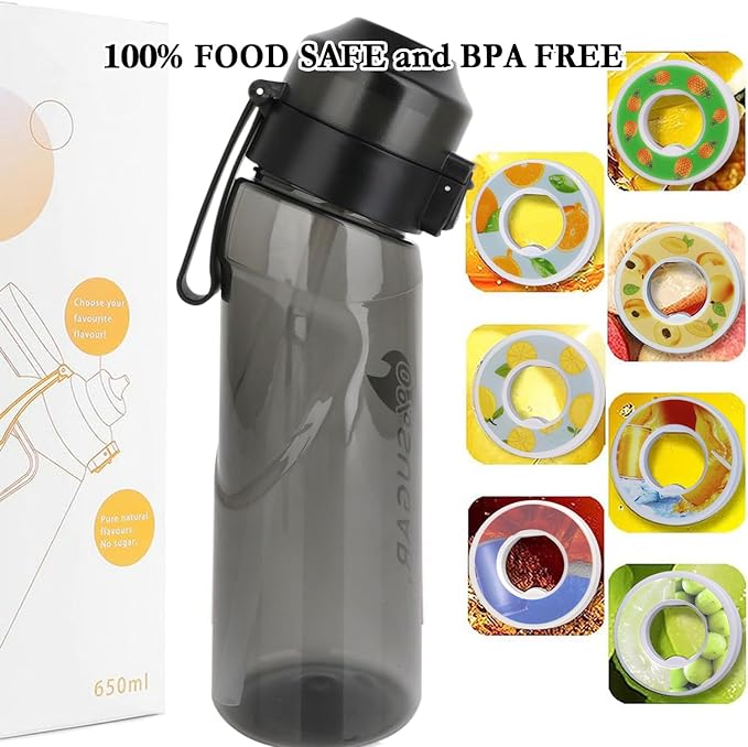 Air Scent Water Bottle Flavor Pods 650ml BPA Free Water Cup with 7 Flavour Pods Sports Water Bottle Suitable for Outdoor(Black)