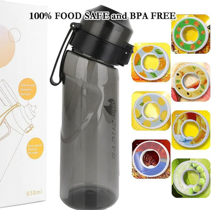 Air Scent Water Bottle Flavor Pods 650ml BPA Free Water Cup with 7 Flavour Pods Sports Water Bottle Suitable for Outdoor(Black)