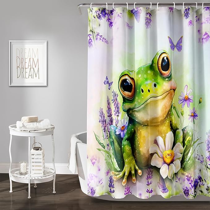AILONEN Cartoon Frog Shower Curtain, Cute Green Frog Shower Curtain Set with Hooks for Kids Boys Girls,Purple Flowers Tropical Amphibian Waterproof Fabric Shower Curtain for Bathroom,48" W*72" H