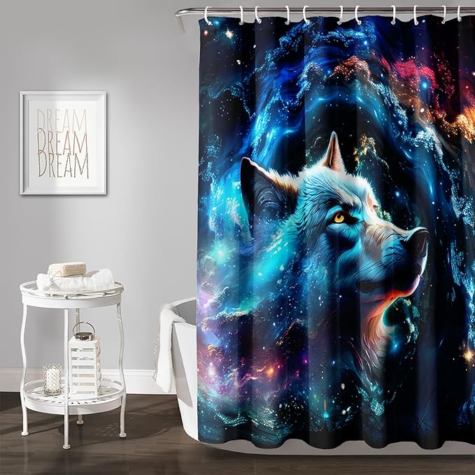 AILONEN 3D Wolf Shower Curtain for Bathroom,Blue Space Galaxy Starry Clouds Wolf Printed Bath Curtain,Boys Teen Kids Wild Animal Wolf Decoration Shower Curtain Waterproof 72" W*84" H