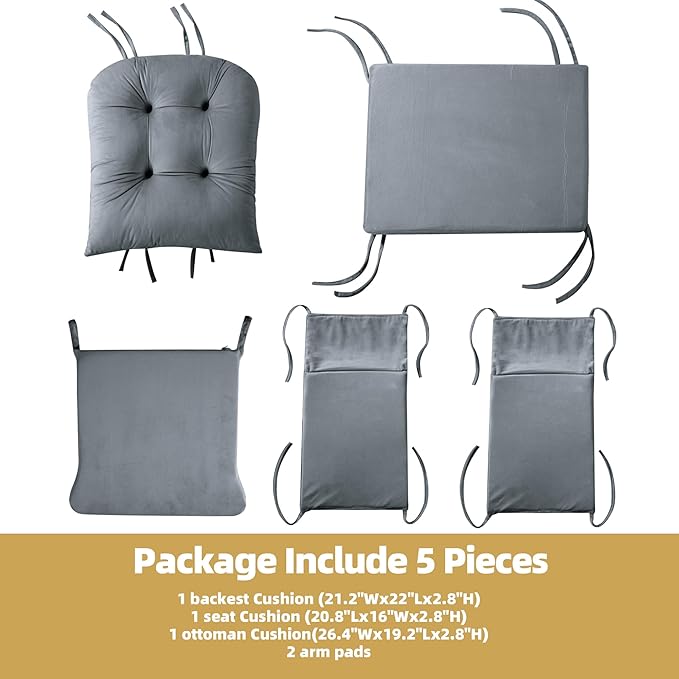 5 PCS Velvet Glider Rocker Replacement Cushions with Side Storage Pocket, Thickened & Supportive Cushions Set for Indoor Nursery Rocking Chair, Dark Grey