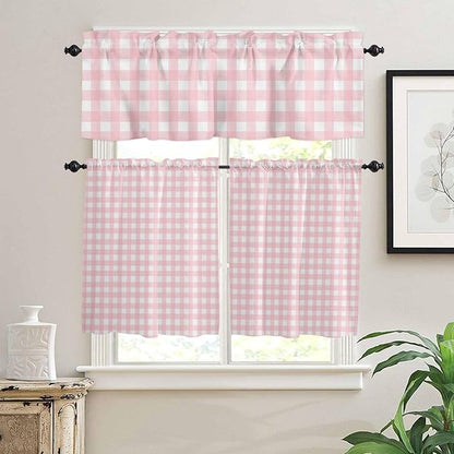 Christmas Kitchen Curtains and Valances Set, Rustic Pink White Buffalo Check Plaid Pattern Windows Treatments Tiers Half/Short Curtains for Small Windows Cafe /Living Room/ Bedroom 54x24 in Farmhouse