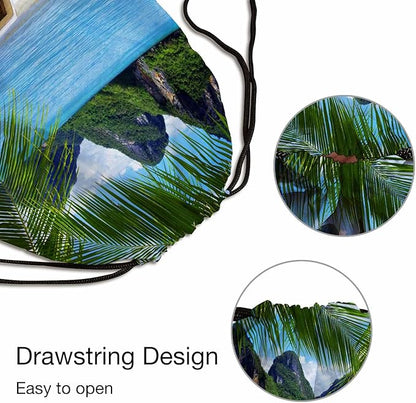 Summer Beach Drawstring Bags Sports Bag Two Beach Chairs Blue Sea Green Palm Distant Mountain Warm Sun Draw String Back Bag Men Women Adults 14x16.9 Inch