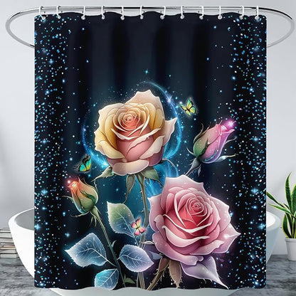 AILONEN Pink Rose Shower Curtain,Galaxy Butterfly Rose Flower Curtain for Kids Girls Women,Modern Romantic Curtain,Print Polyester Waterproof with 12 Plastic Hooks, 48" W*72" H